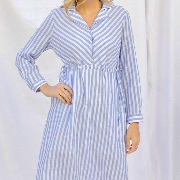 Women's Light Blue Stripe Print Cinched Waist Long Sleeve Shirt Midi Dress NWT - Picture 1 of 5